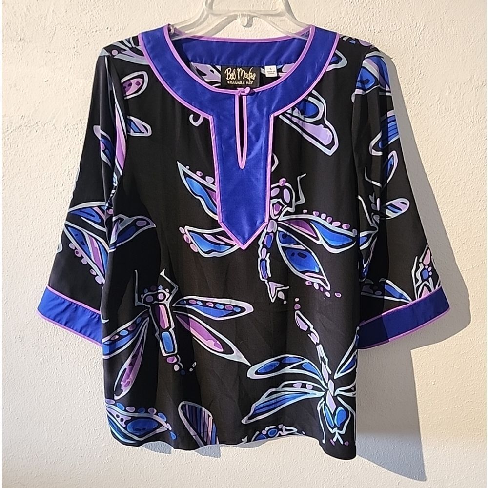 Women’s Bob Mackie Small S 100% Silk Dragonfly Printed Top Blouse BLACK PURPLE
